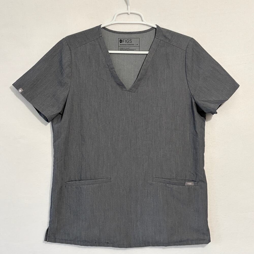 Figs Scrub Top Womens Medium Gray V-Neck Two Pocket Short Sleeve Medical Uniform